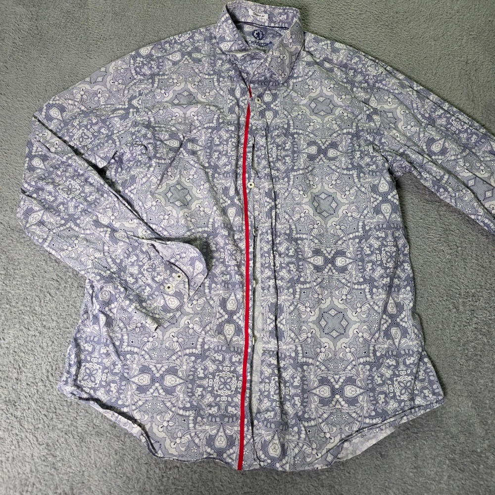 Bugatchi Mens L Button Up Shirt Blue White Paisley Shaped Fit Long Sleeve